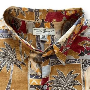 Tori Richard VTG Turtle Fish Block Print Hawaiian Shirt 2XL Koolau Red Gold